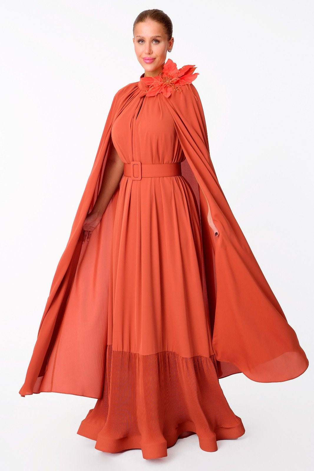 Coral Cape Dress with Floral Detail