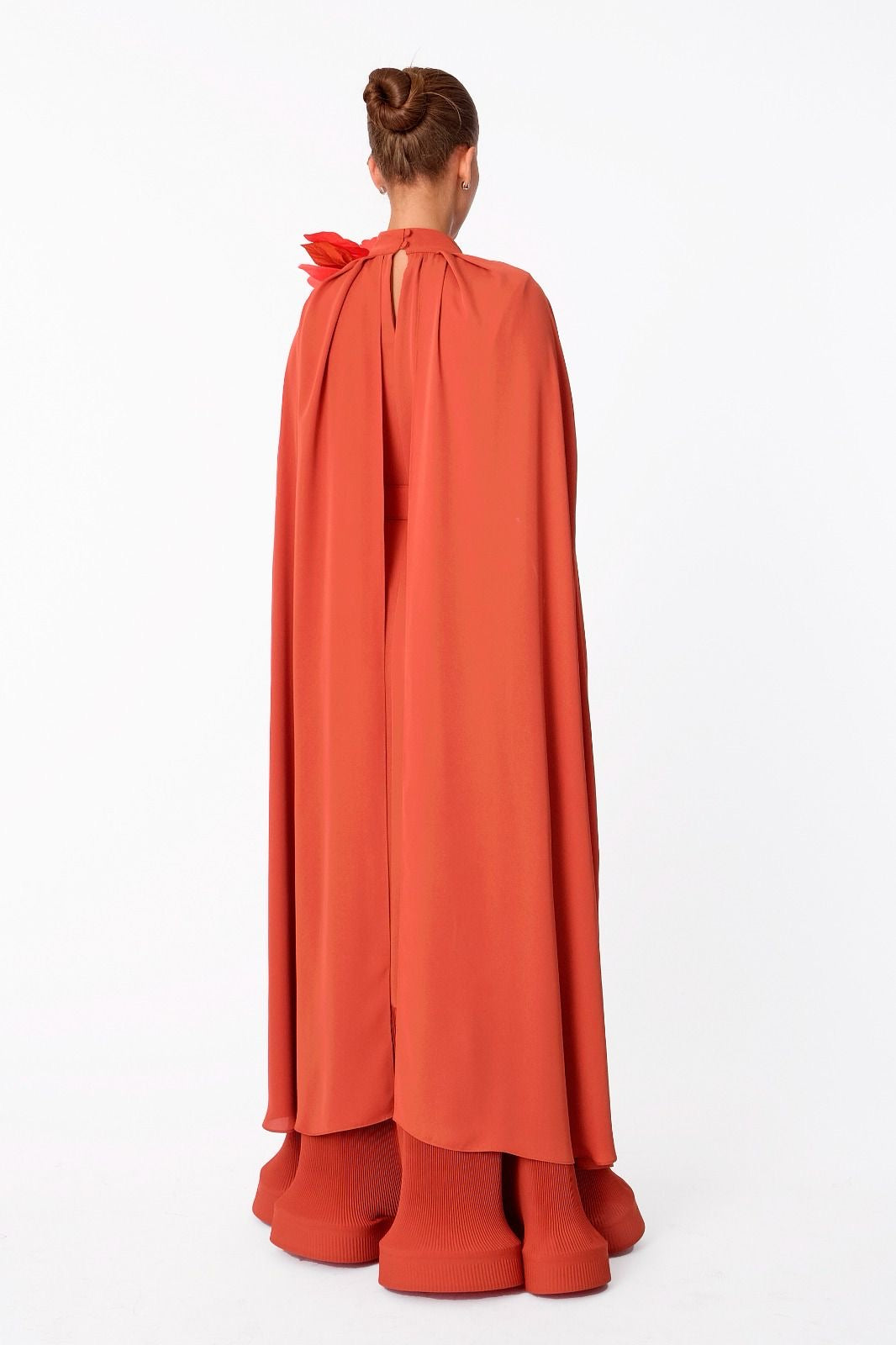 Coral Cape Dress with Floral Detail