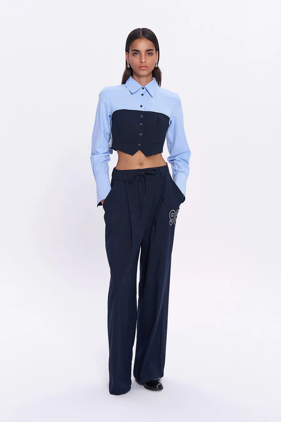 Number Embroidery Detailed High Waist Pants