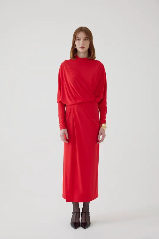 Elegant Red Draped Maxi Dress