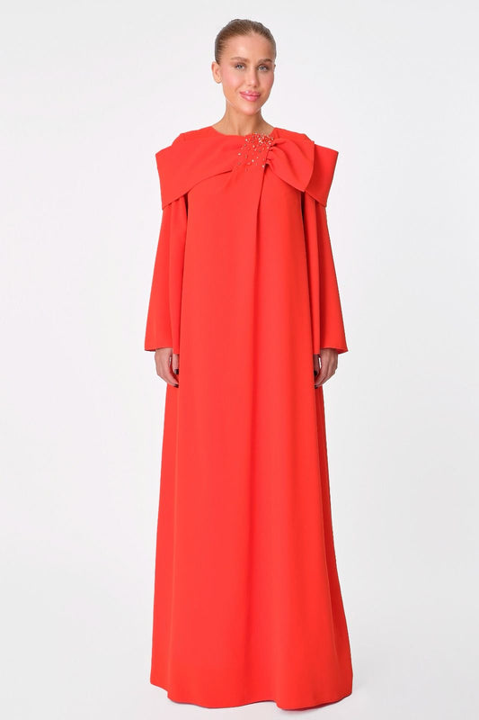 Coral Statement Dress with Oversized Bow