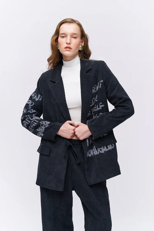 Print Detailed Velvet Blazer Jacket Anthracite