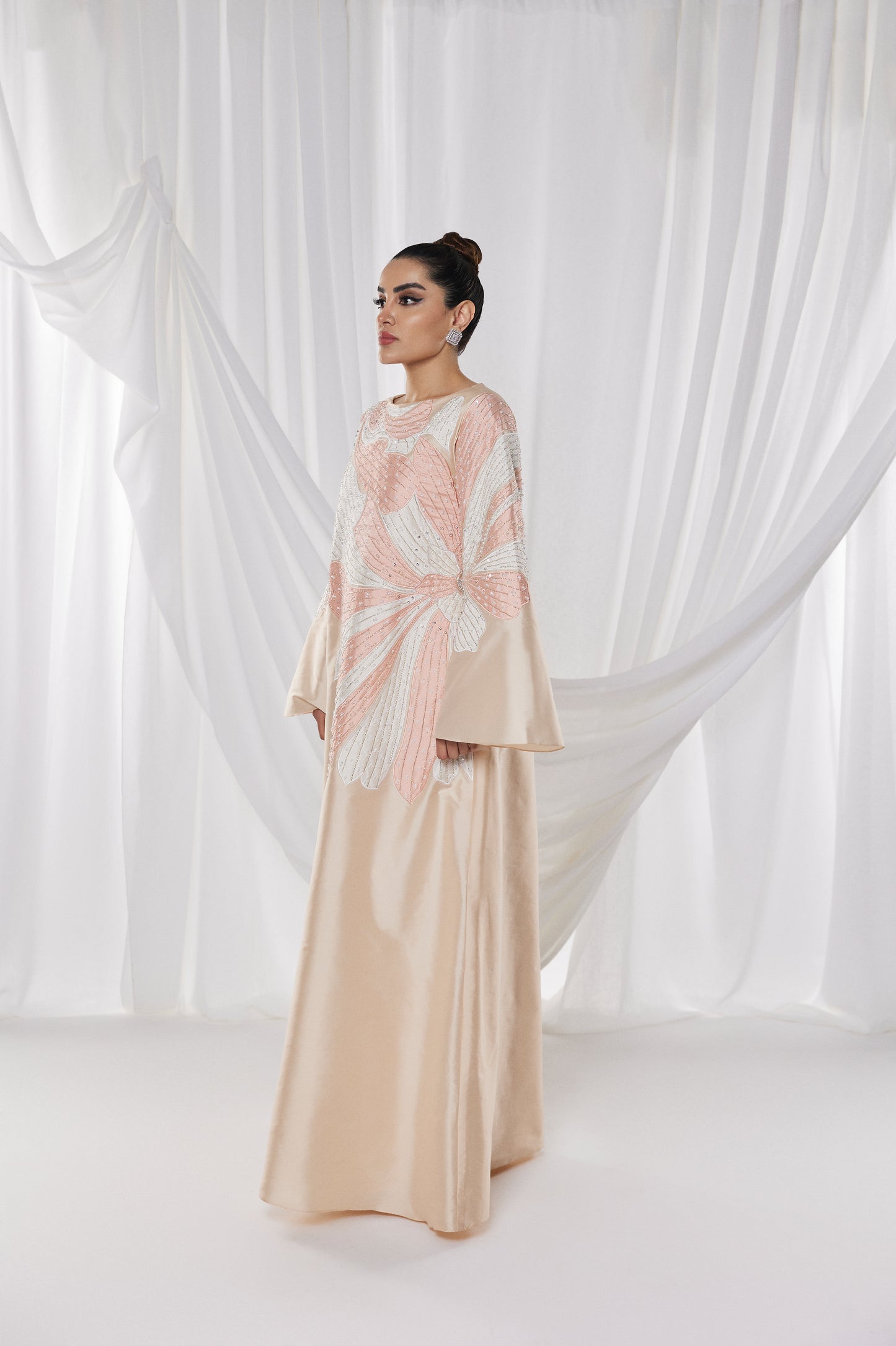 Artistic Floral Embroidered Beige Kaftan Dress