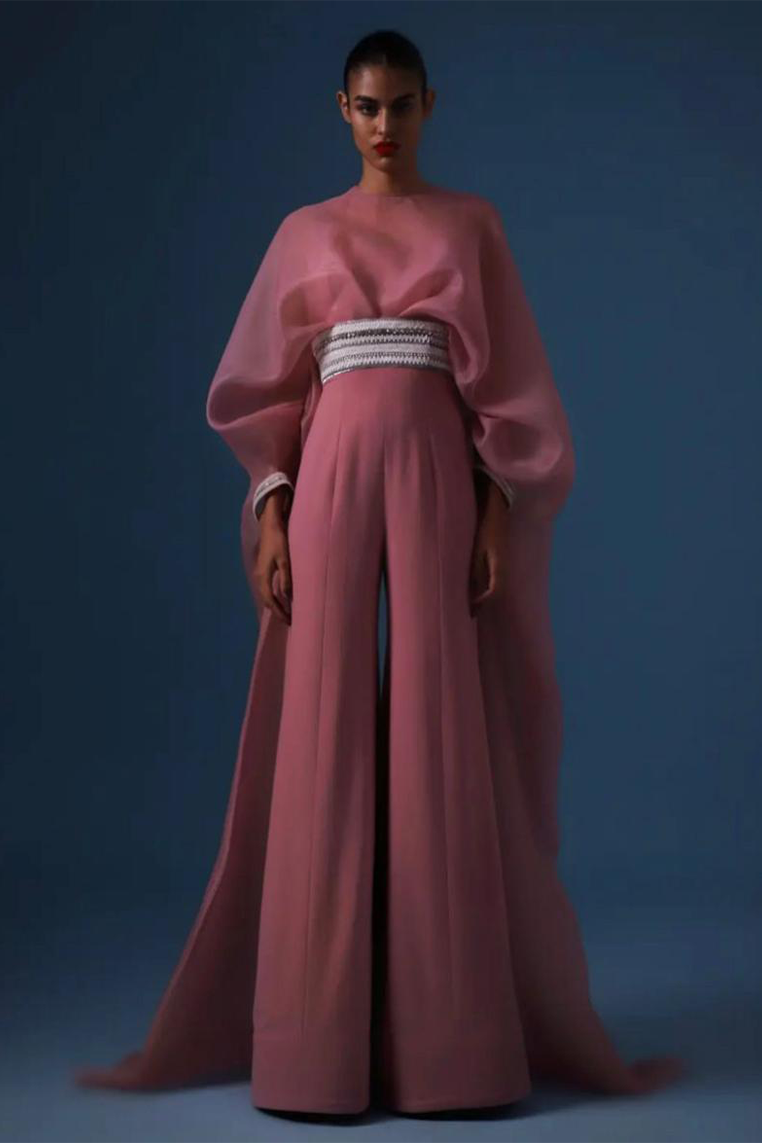 OLD ROSE EXAGGERATED DRAPED SLEEVE JUMPSUIT WITH ENCRUSTED BELT