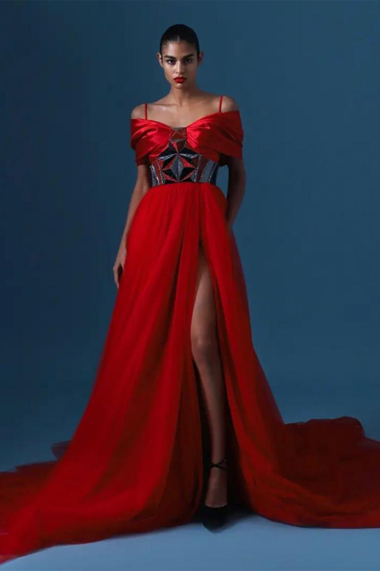 RED OFF SHOULDER GOWN WITH CRYSTALLISED 3D BELD