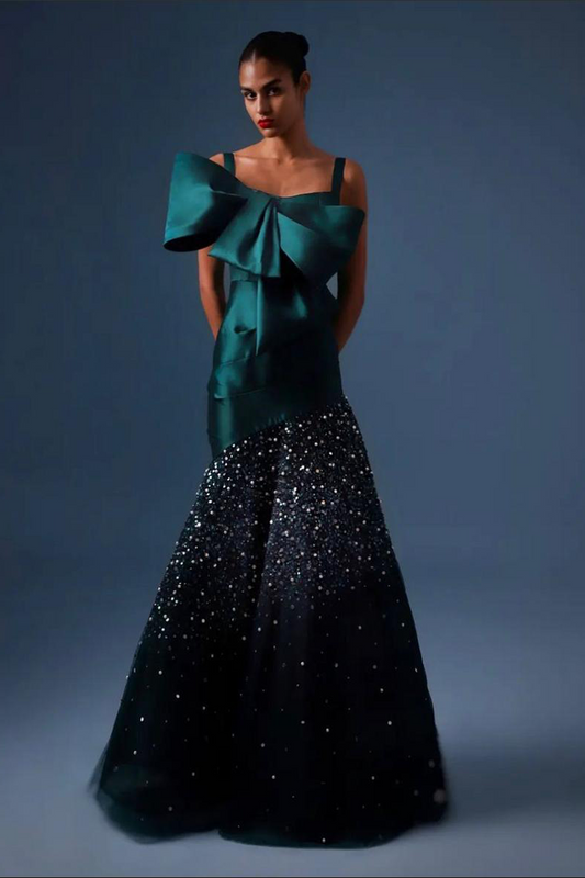 TEAL BOW DETAIL GOWN WITH PEARLS AND SEQUINS EMBELLISHMENTS