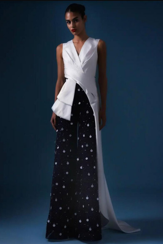 WHITE AND MIDNIGHT BLUE ASYMMETRIC SATIN AND SEQUIND JUMPSUIT