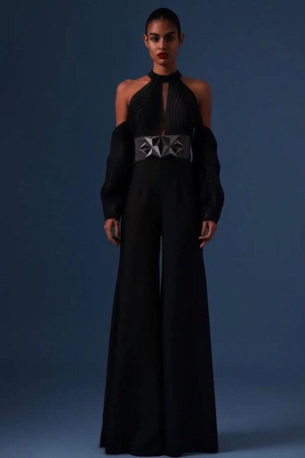 BLACK 3D DIAMOND BELT JUMPSUIT WITH STRIP MOULDED BODICE AND SLEEVES