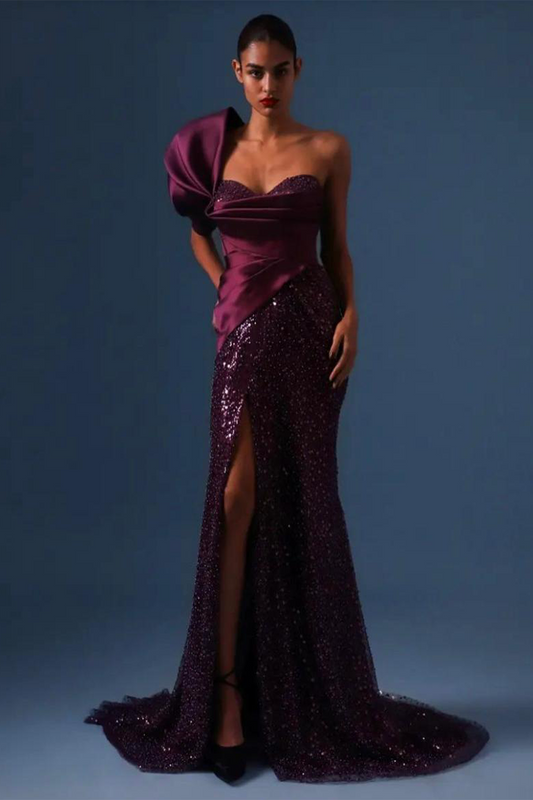 BORDEAUX ONE SHOULDER SEQUIN SHEETED DRAPED GOWN