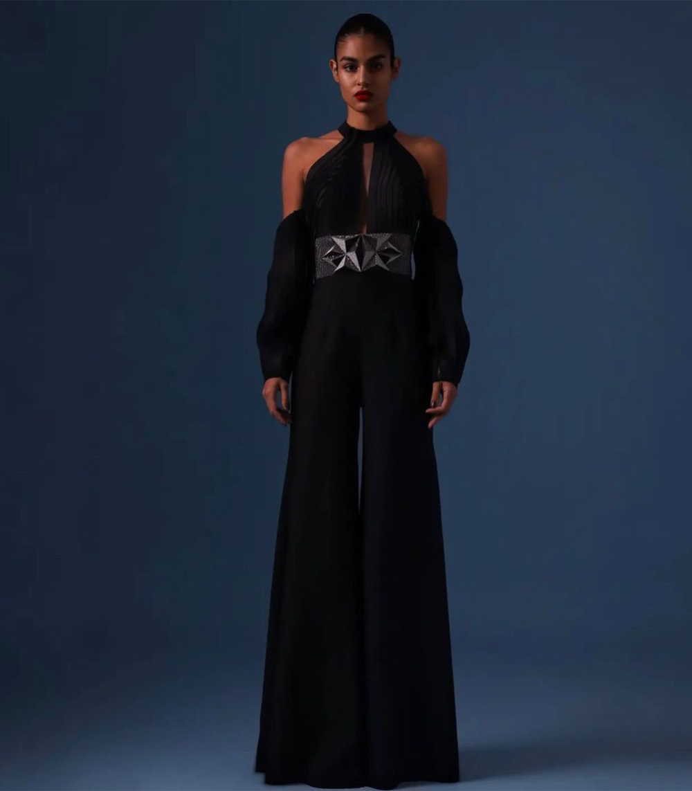 BLACK 3D DIAMOND BELT JUMPSUIT WITH STRIP MOULDED BODICE AND SLEEVES