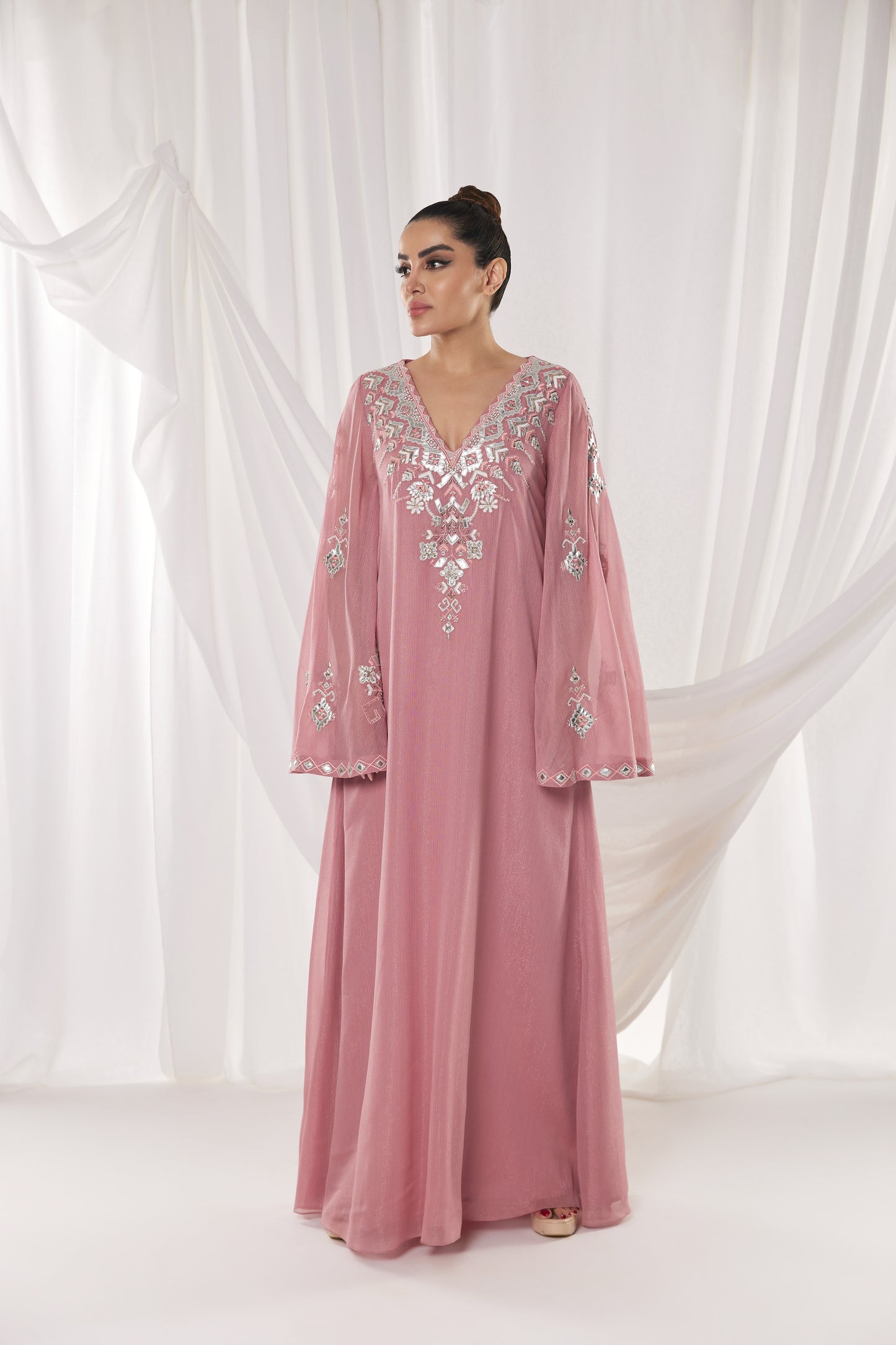 Embroidered Pink Kaftan Dress