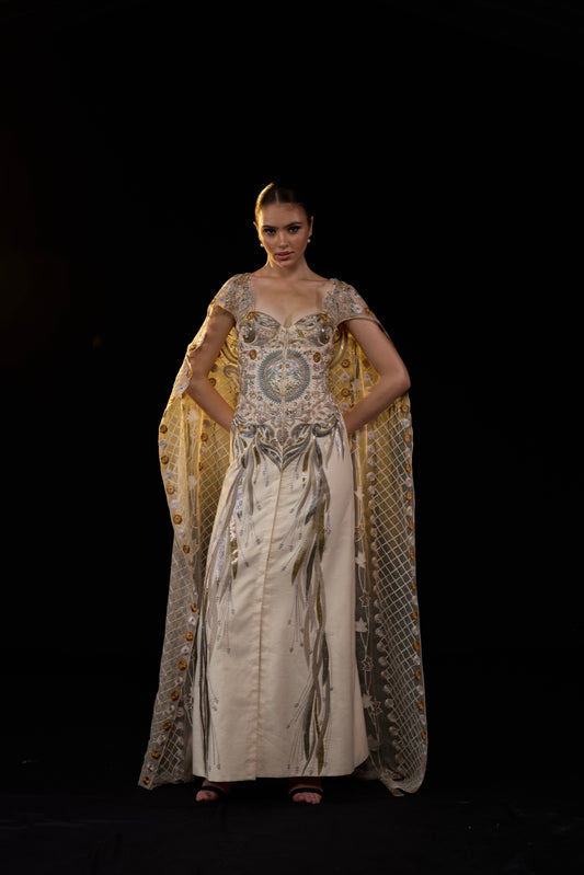 Regal Aura Cape Gown