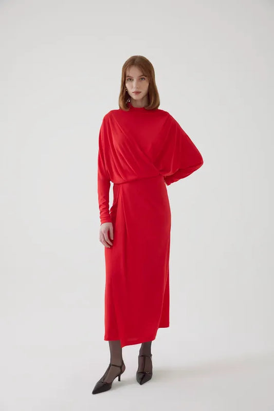 Elegant Red Draped Maxi Dress