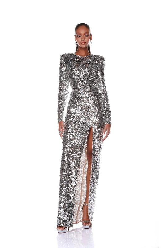 FARAH LONG SLEEVE SILVER GOWN