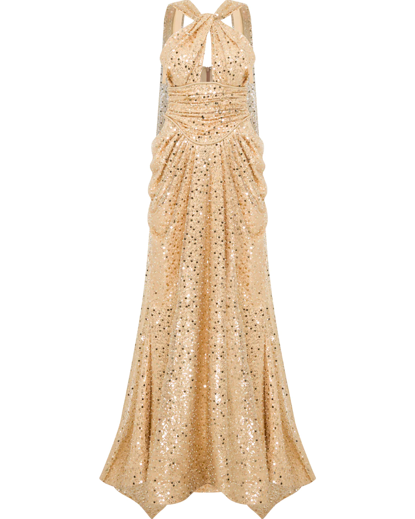 EMBELLISHED GRECIAN NECK CUT GOWN WITH TWO TAILS