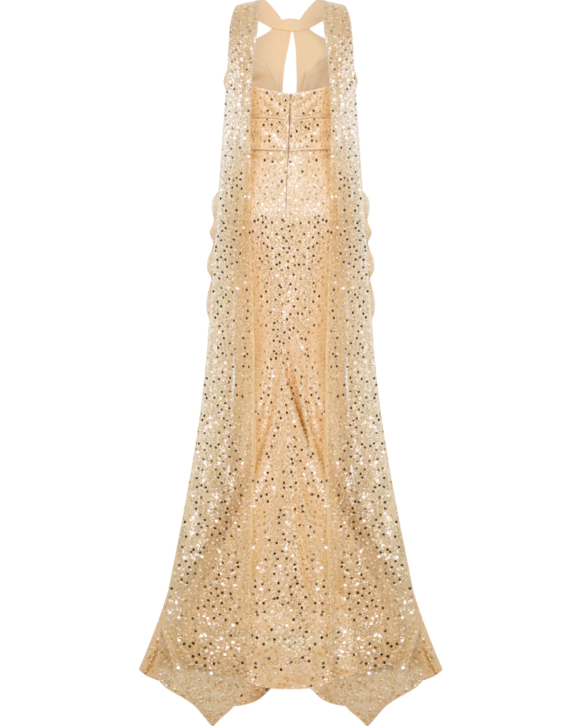 EMBELLISHED GRECIAN NECK CUT GOWN WITH TWO TAILS