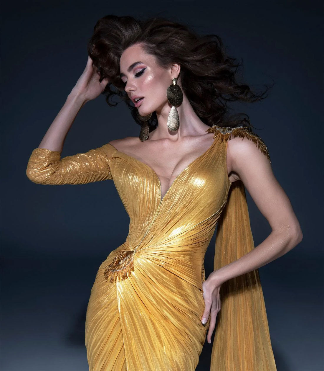 Pleated Gown with Draped Shoulder