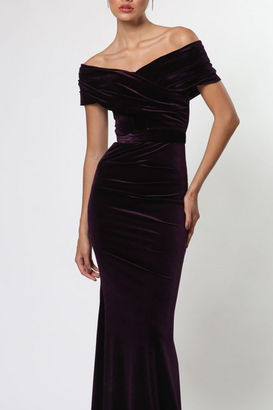 OFF SHOULDER VELVET DARK PURPLE DRESS