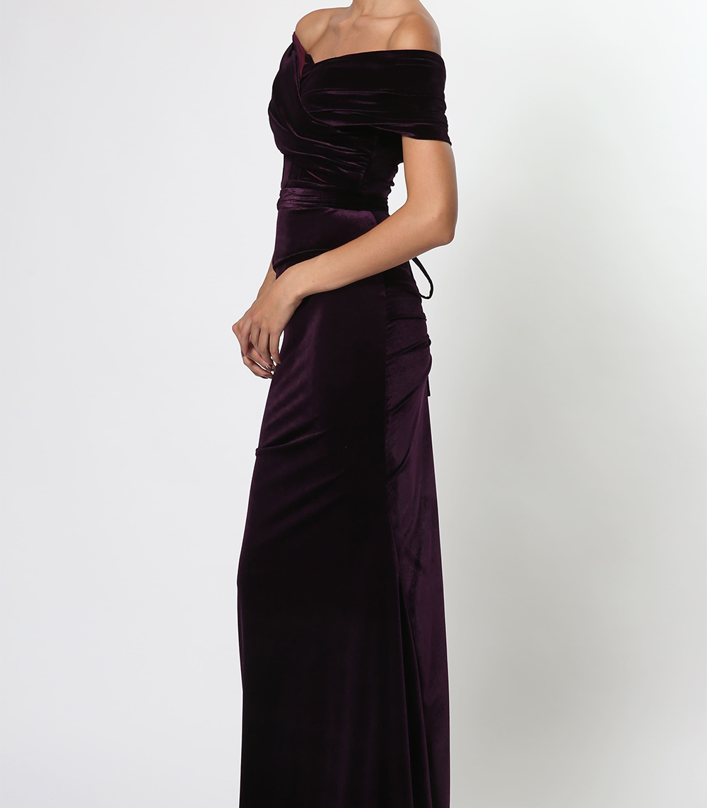 OFF SHOULDER VELVET DARK PURPLE DRESS