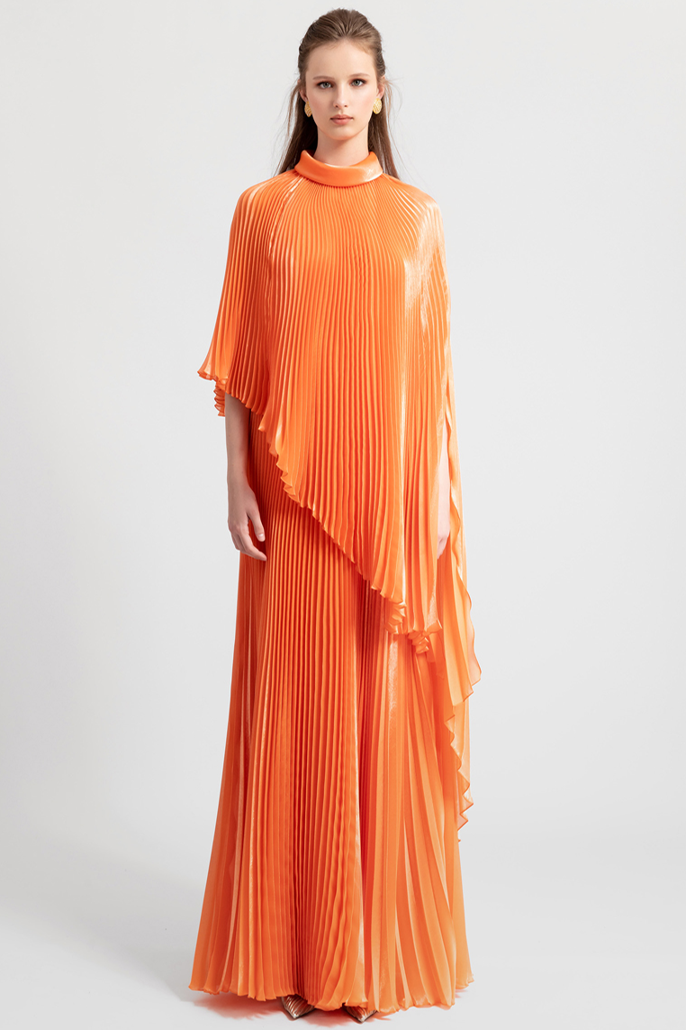 FULLY PLEATED FLARED ORANGE DRESS