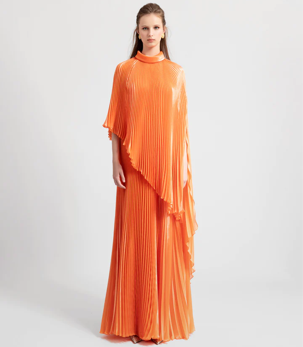 FULLY PLEATED FLARED ORANGE DRESS