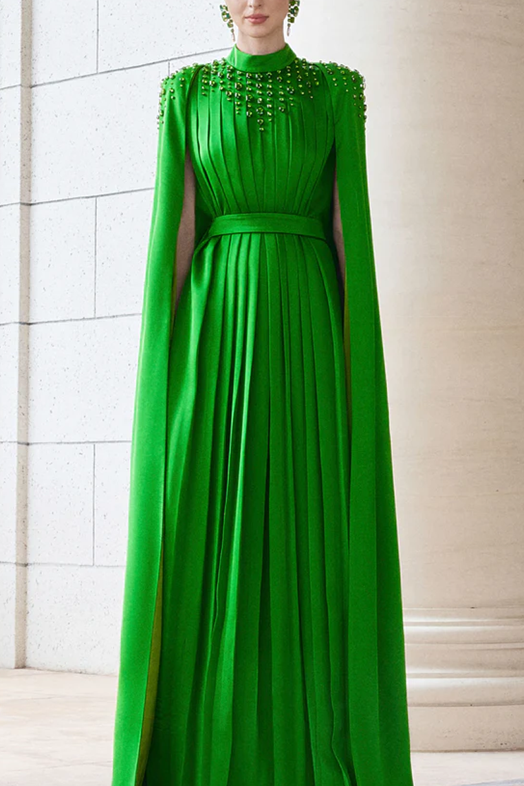 LONG PLEATED TRAPEZE DRESS WITH SHOULDER CAPE