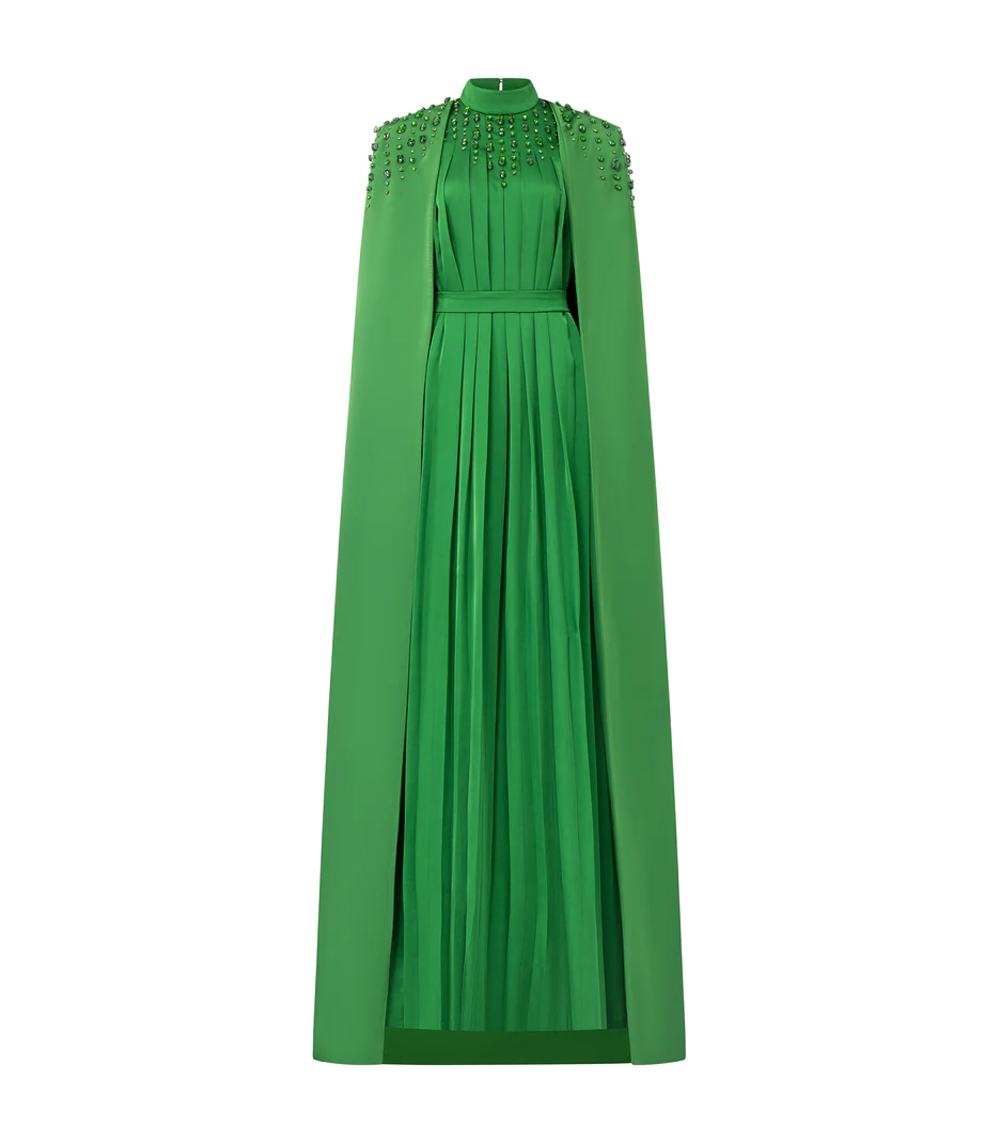 LONG PLEATED TRAPEZE DRESS WITH SHOULDER CAPE