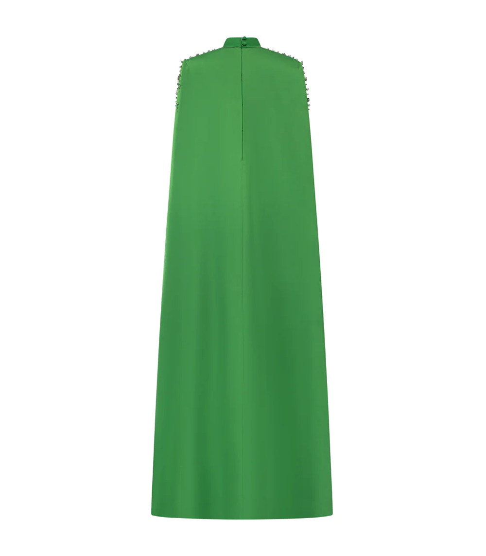 LONG PLEATED TRAPEZE DRESS WITH SHOULDER CAPE