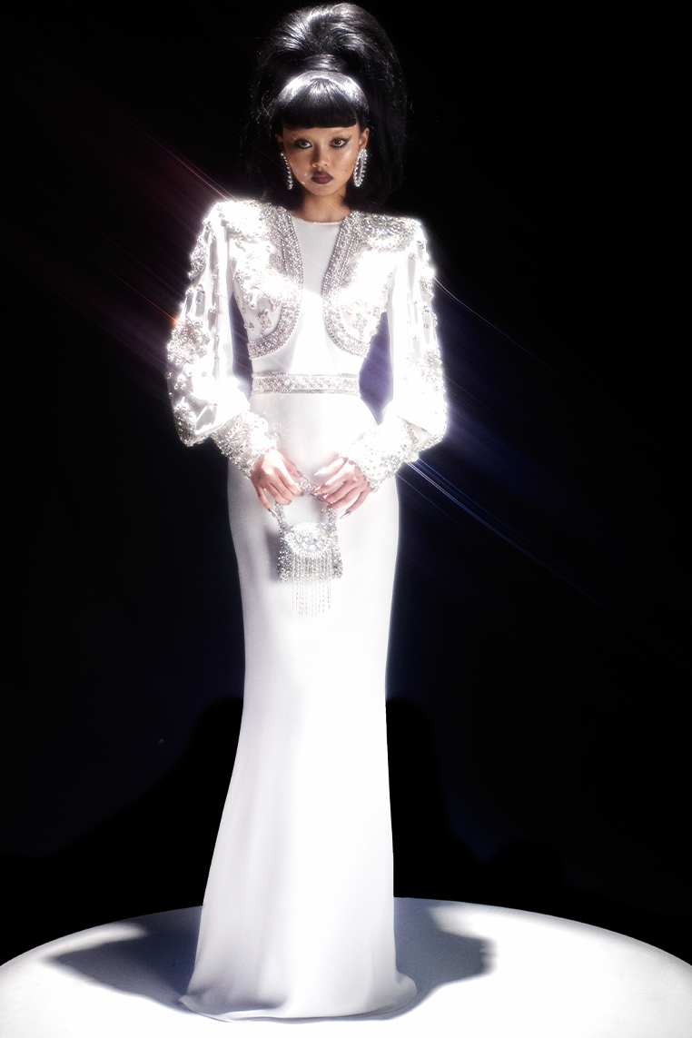 WHITE LONG-SLEEVED GOWN WITH EMBELLISHMENTS