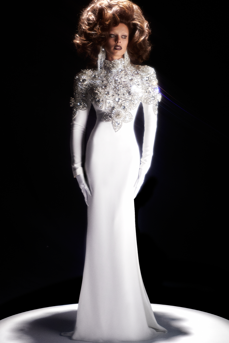 CRYSTAL EMBELLISHED, LONG-SLEEVED GOWN IN WHITE