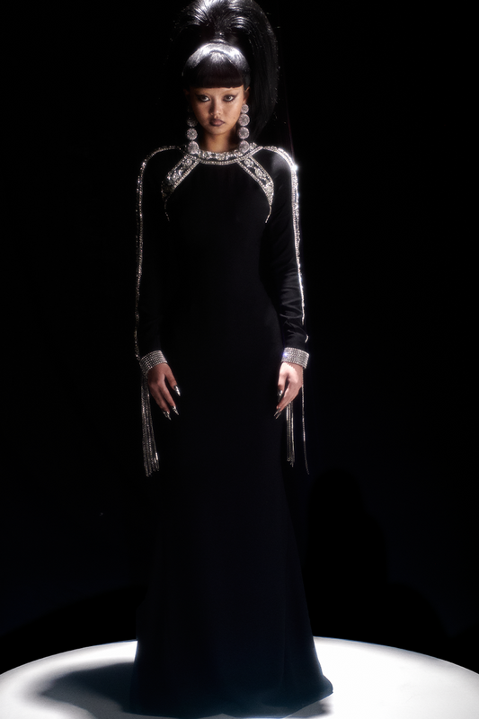 CRYSTAL EMBELLISHED, LONG-SLEEVED GOWN IN BLACK