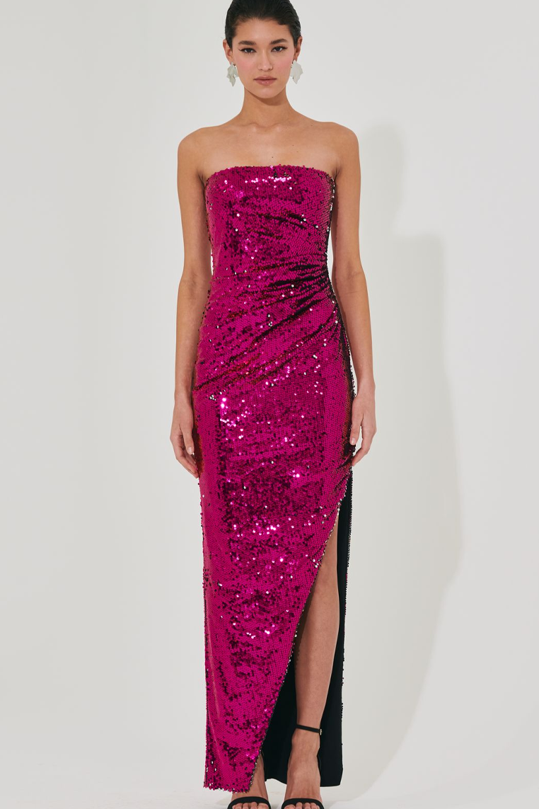 MAGENTA SEQUIN PLEATED STRAPLESS DRESS