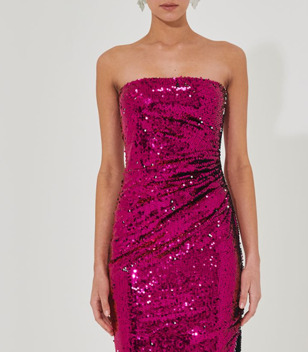 MAGENTA SEQUIN PLEATED STRAPLESS DRESS