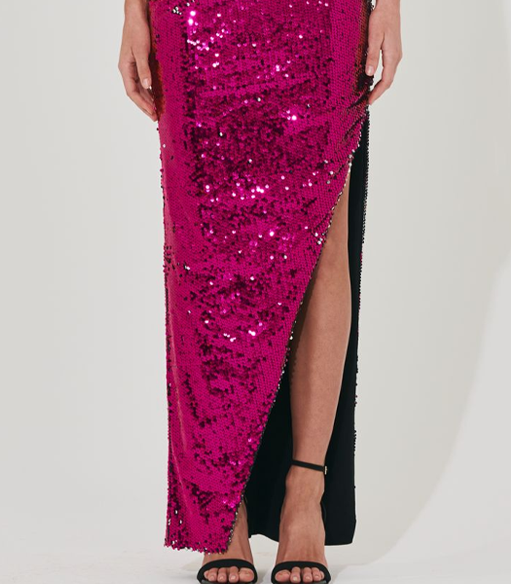 MAGENTA SEQUIN PLEATED STRAPLESS DRESS