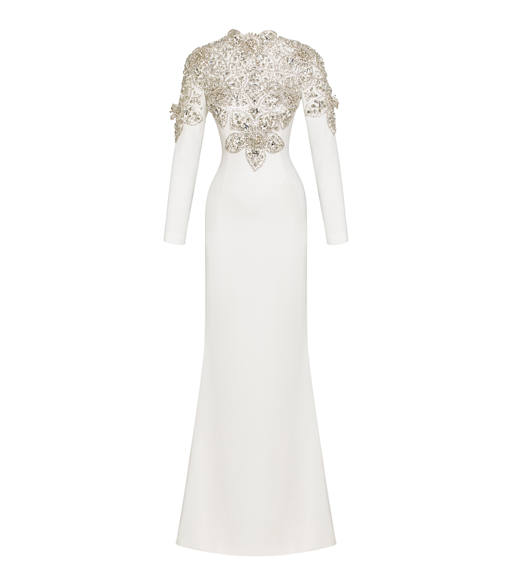 CRYSTAL EMBELLISHED, LONG-SLEEVED GOWN IN WHITE