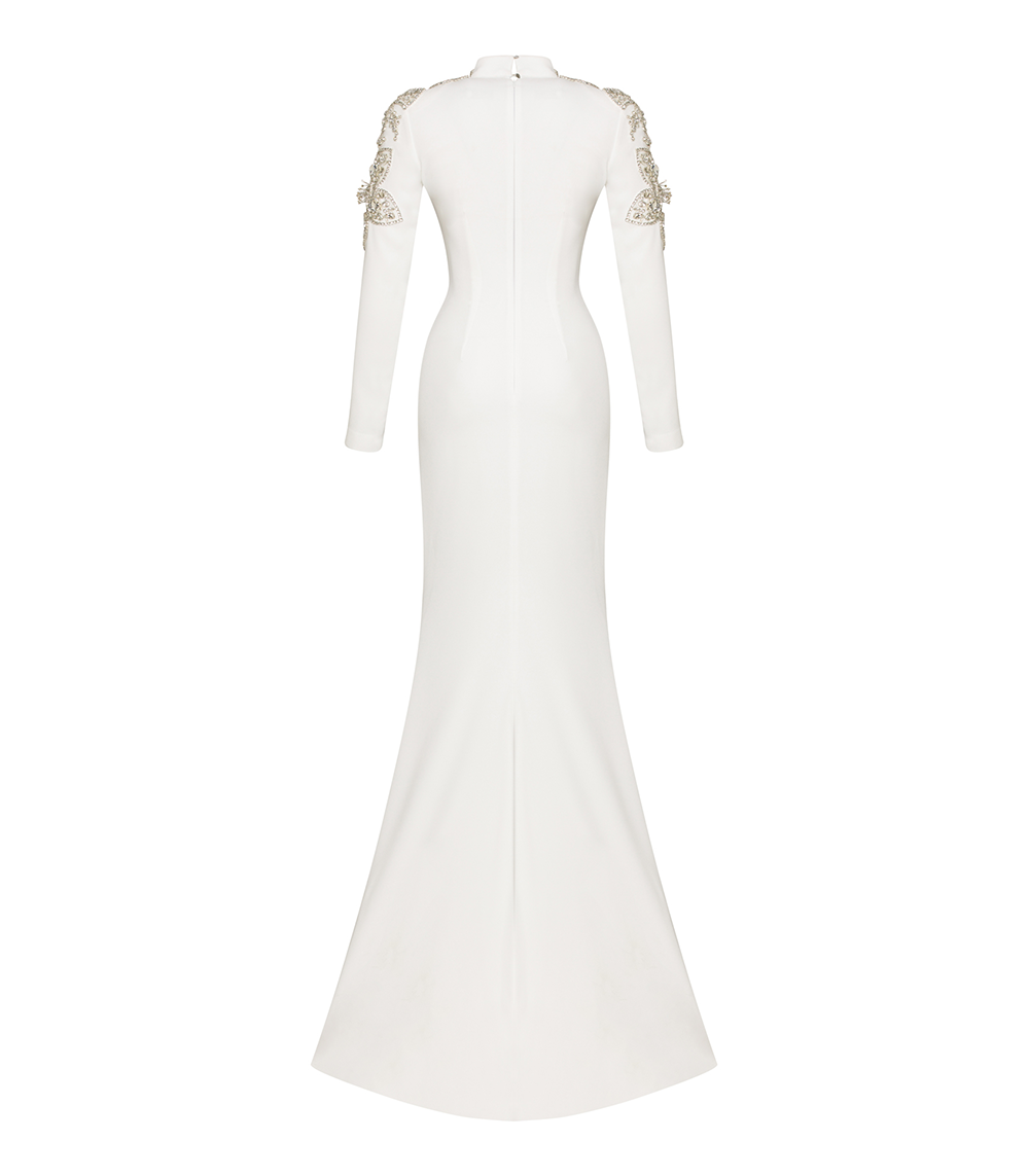 CRYSTAL EMBELLISHED, LONG-SLEEVED GOWN IN WHITE