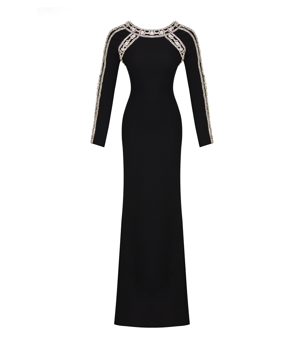 CRYSTAL EMBELLISHED, LONG-SLEEVED GOWN IN BLACK