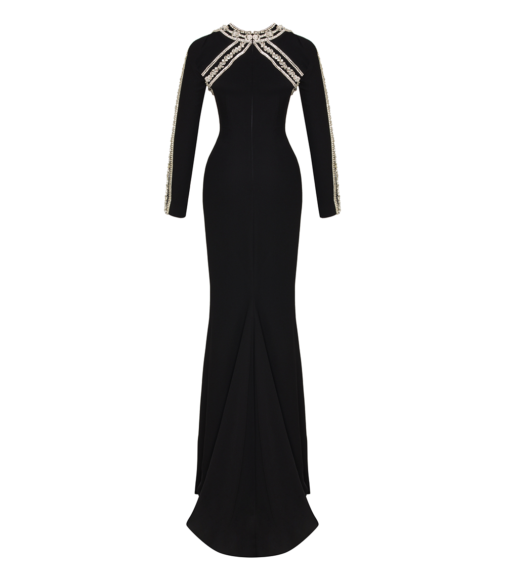 CRYSTAL EMBELLISHED, LONG-SLEEVED GOWN IN BLACK