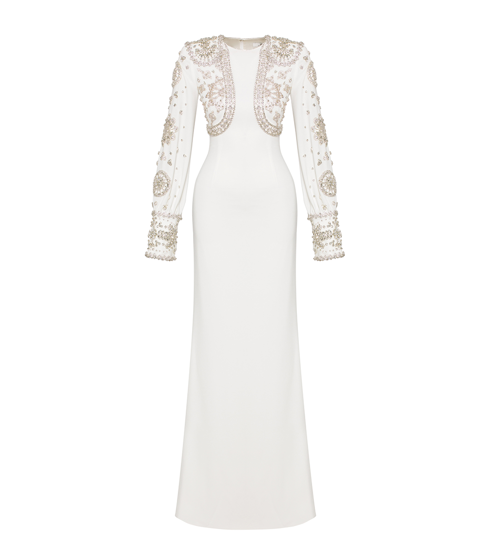 WHITE LONG-SLEEVED GOWN WITH EMBELLISHMENTS