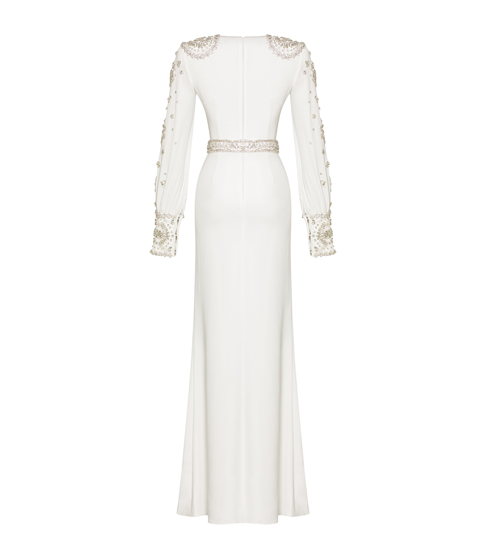 WHITE LONG-SLEEVED GOWN WITH EMBELLISHMENTS