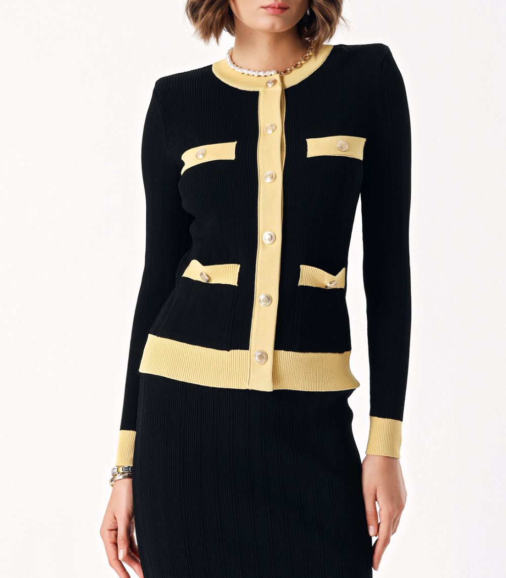 Gold Button detailed cardigan and skirt suit