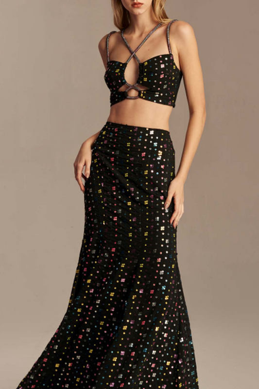 LONG SKIRT AND TOP SET WITH CRYSTAL CUTOUTS