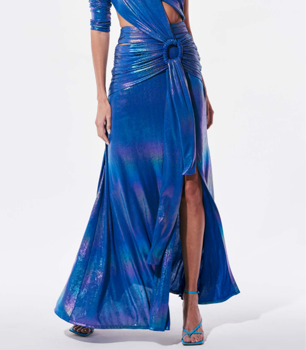 ONE SHOULDER METALLIC DRESS WITH CUTOUT WAIST