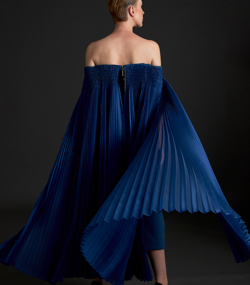 PLEATED CAPE-EFFECT DUCHESS DRESS