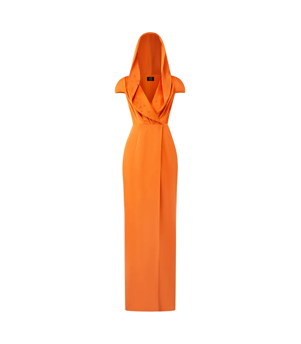 WRAPPED DRESS WITH HOODED LAPELS