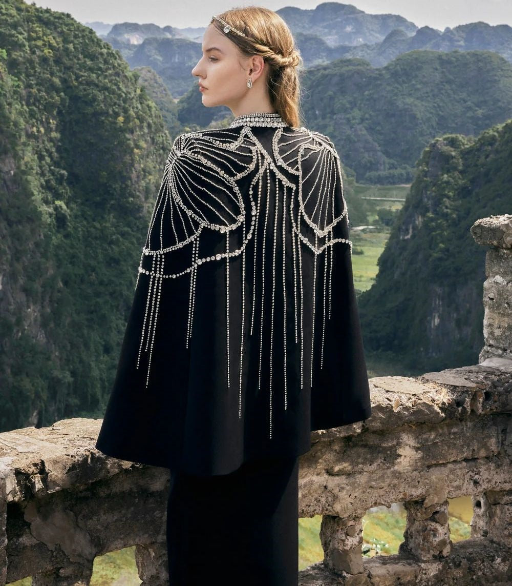 FLARED SLEEVE CAPE WITH CRYSTAL LINE