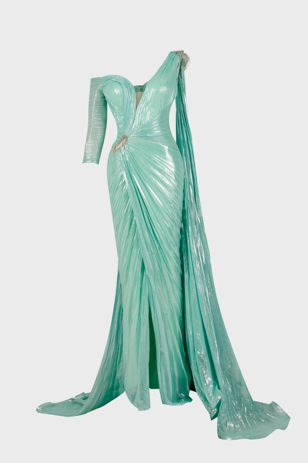 Pleated Gown with Draped Shoulder