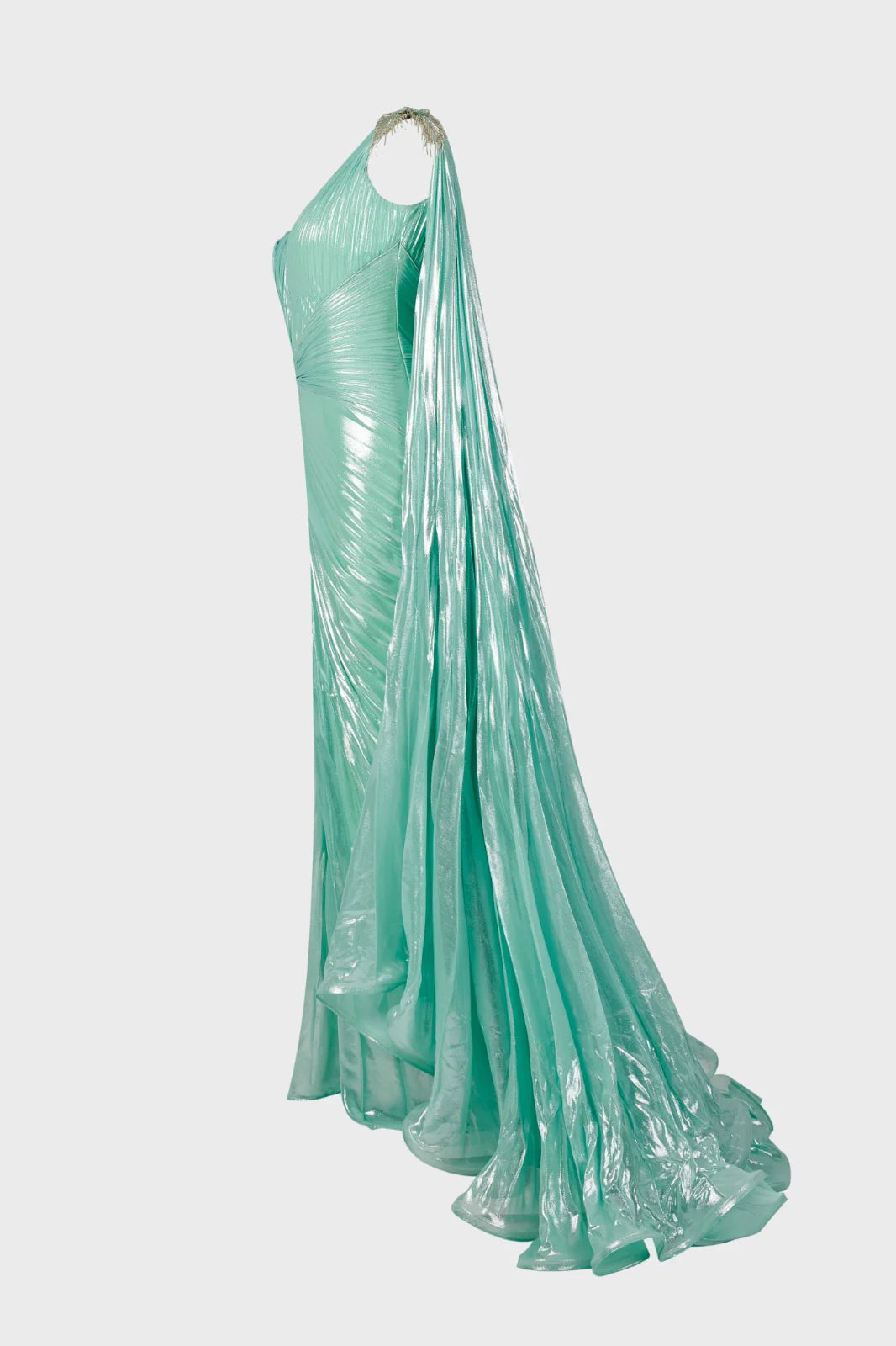 Pleated Gown with Draped Shoulder