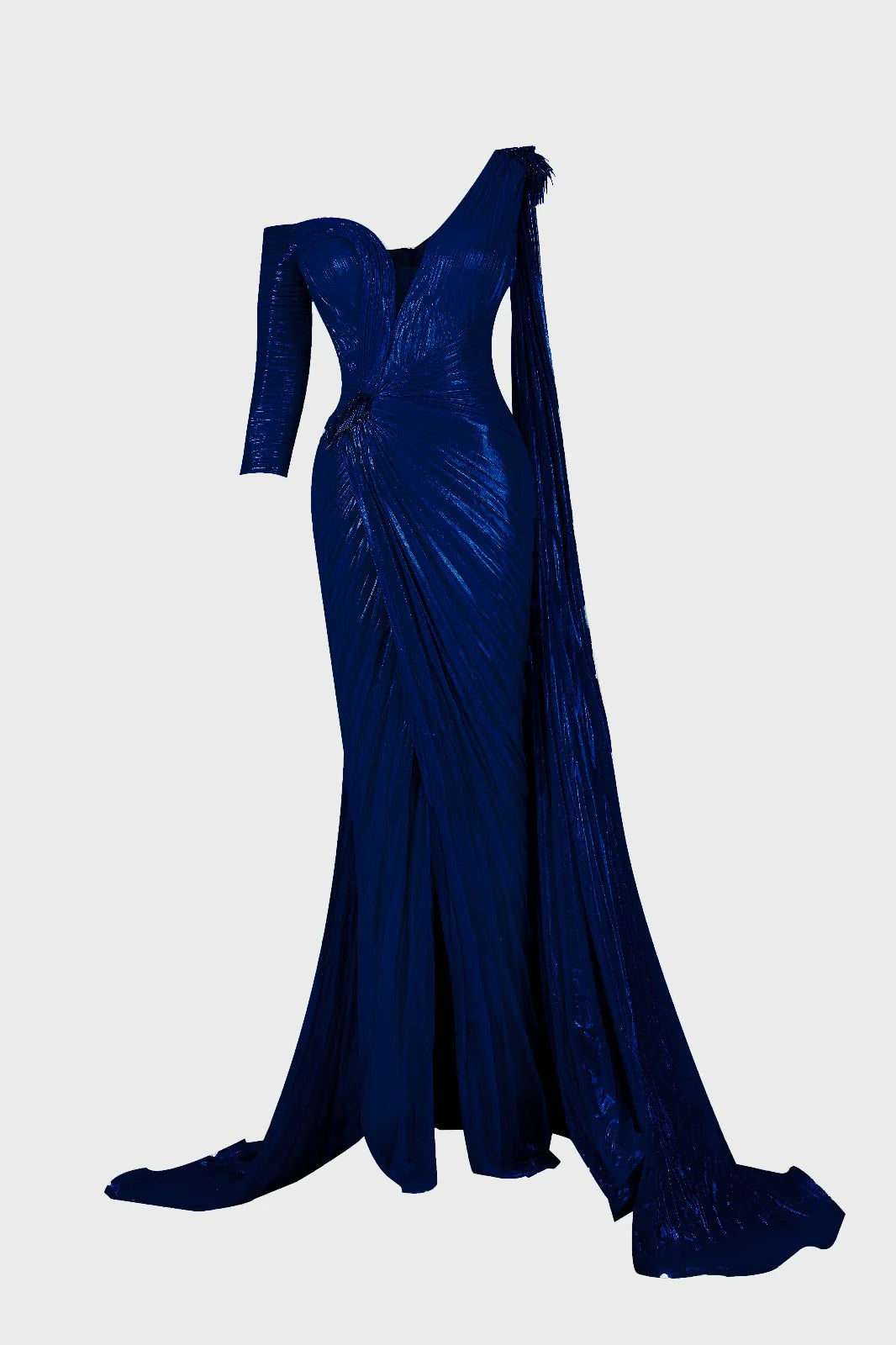 Pleated Gown with Draped Shoulder