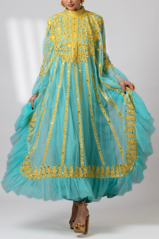 Luxurious Embroidered Aqua Dress